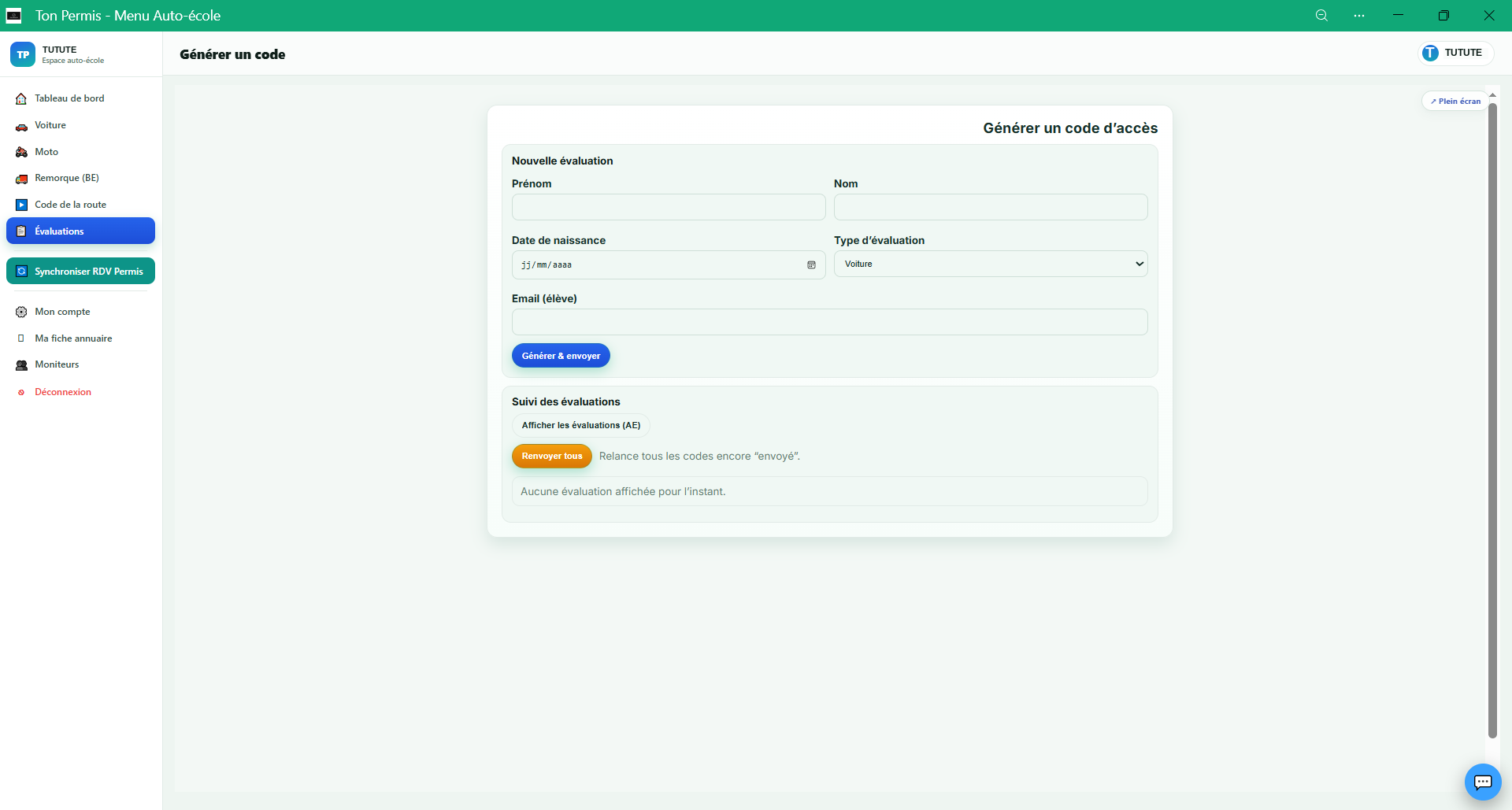 Générer un code d’évaluation à distance