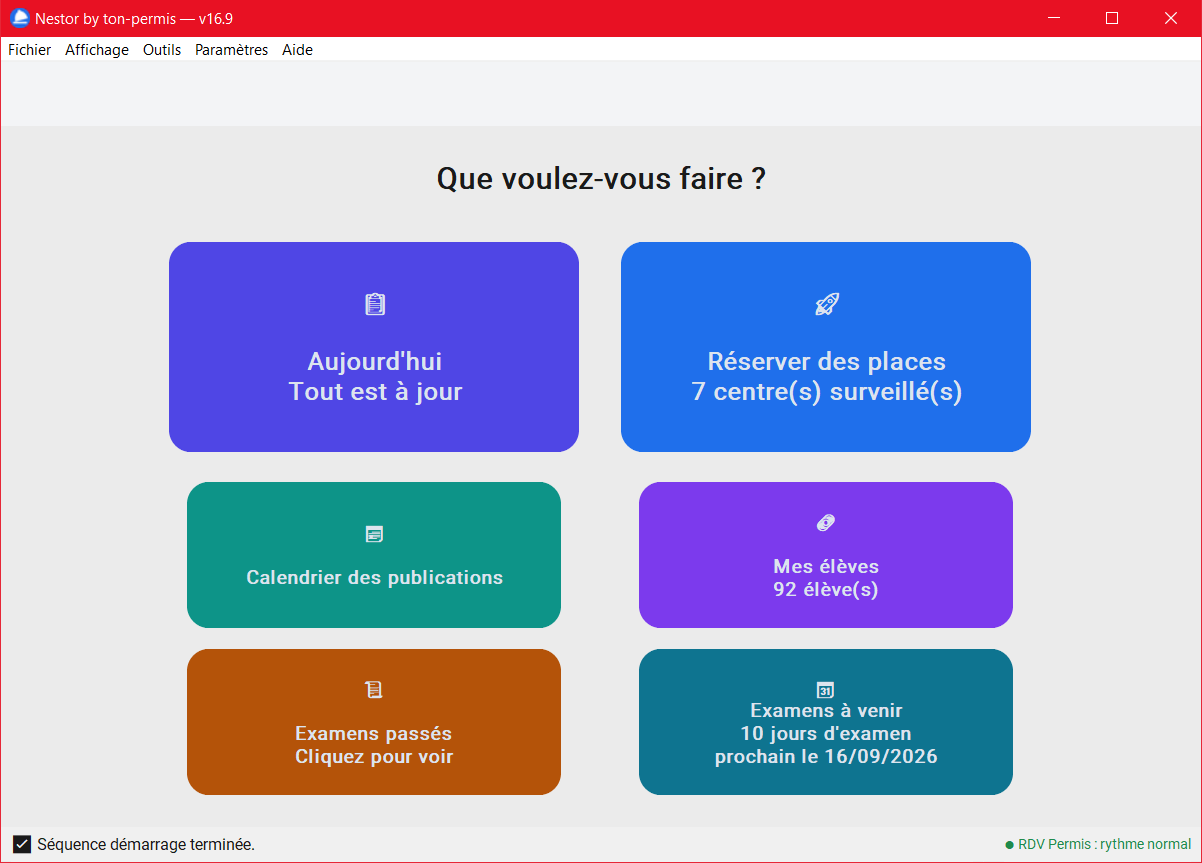 L’écran d’accueil de Nestor, une carte par écran du logiciel