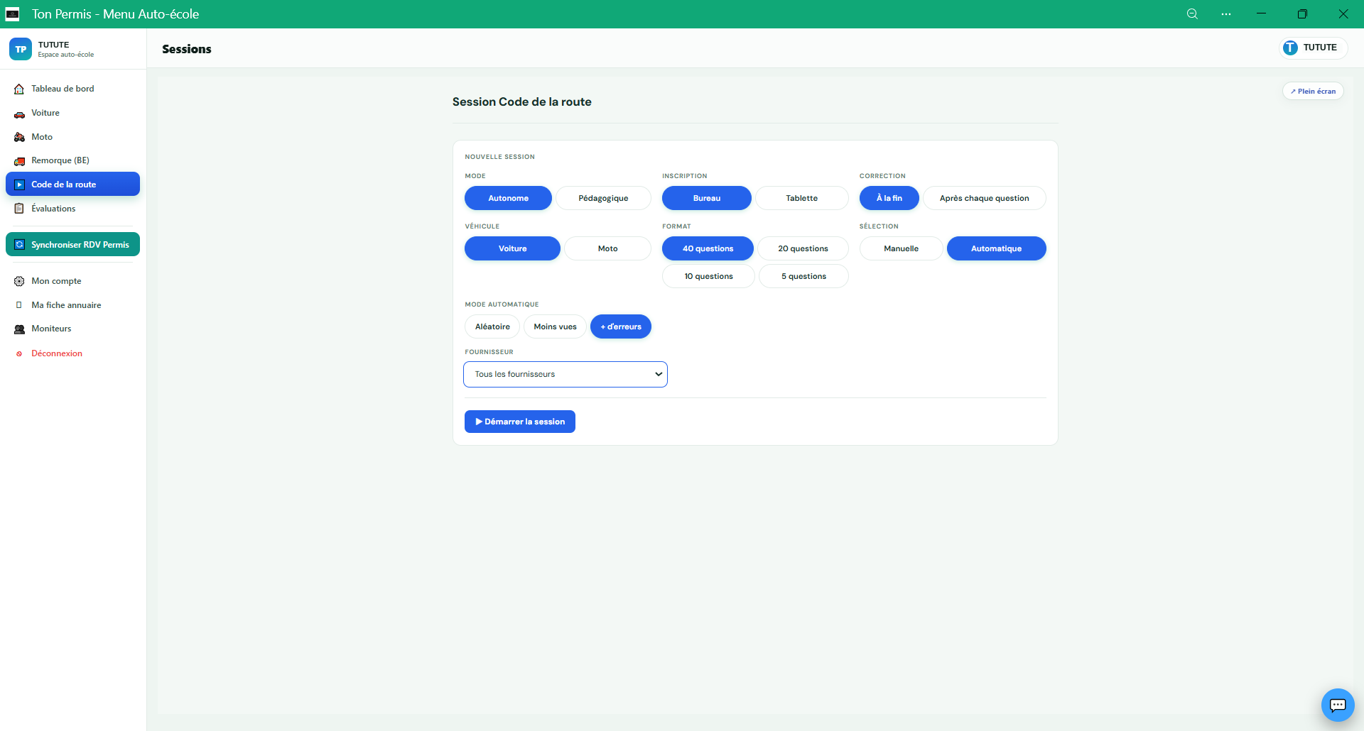 Lancement d’une session de code : mode, correction, format et sélection des questions