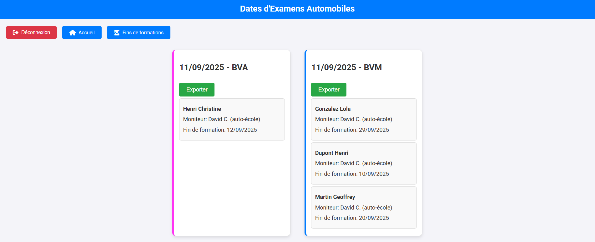 Gestion des dates d’examen (auto BVA/BVM, moto plateau/circulation) — Ton-Permis.fr