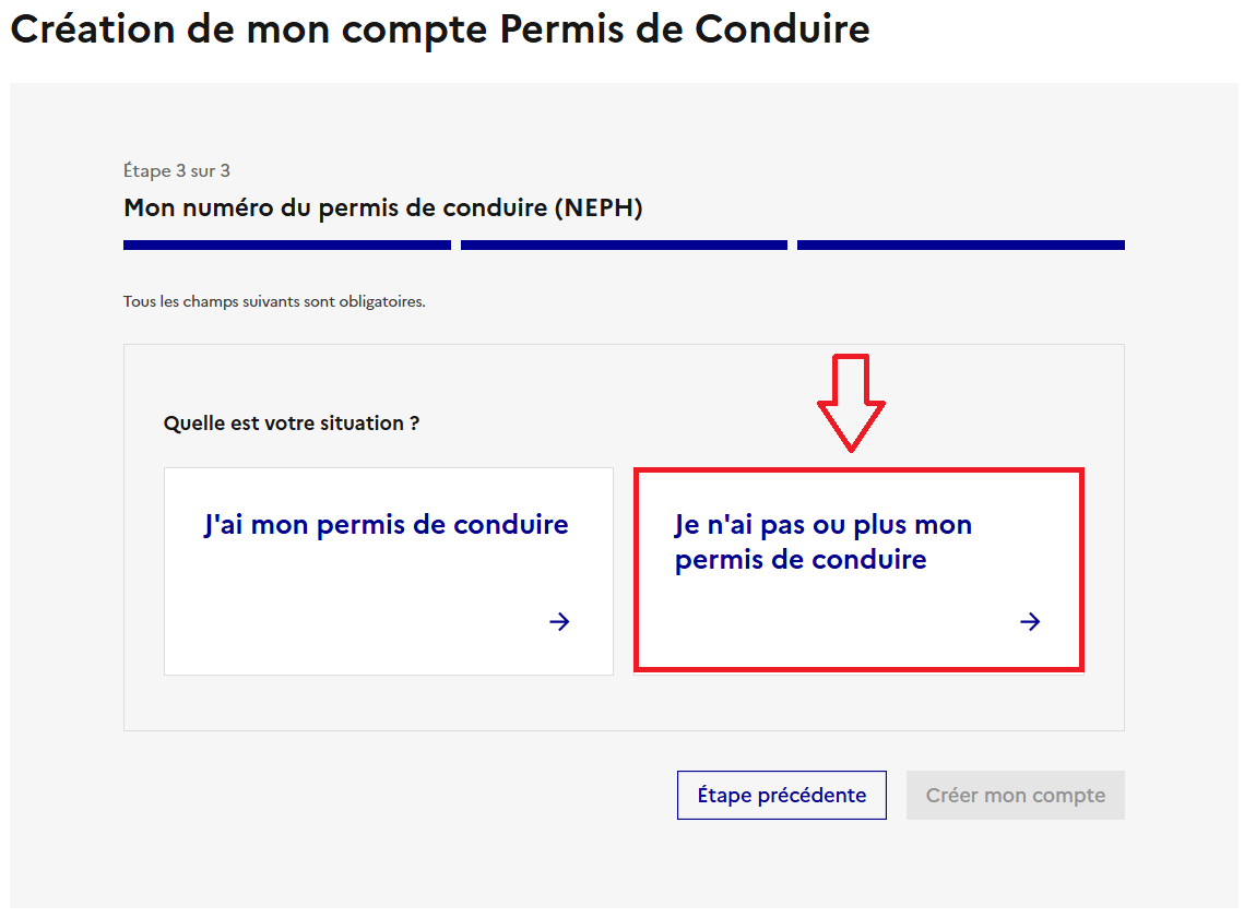 Sélection de l'option sans permis